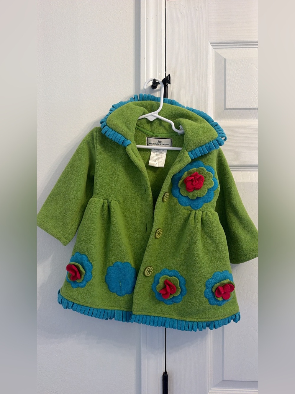 Green Flower-Appliqué Pea Coat with Blue Trim - Kids
